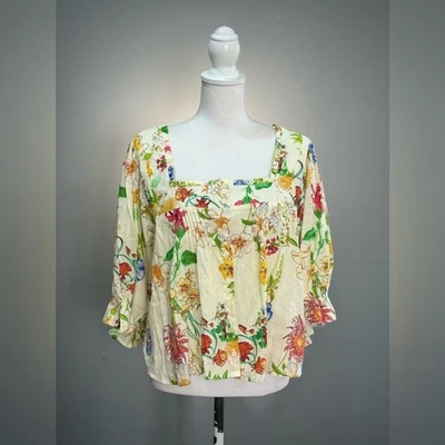 Blusa Floral Laura Ashley Mezcla de Lino Abotonada Talla M Usada en Excelente Condición Foto 1 de 4