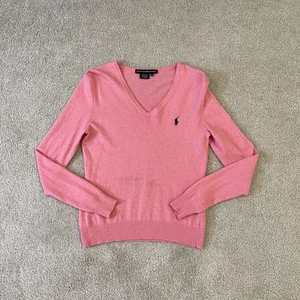 Ralph Lauren Womens Pink V-Neck Wool Cashmere Logo Jumper Large - Picture 1 of 3