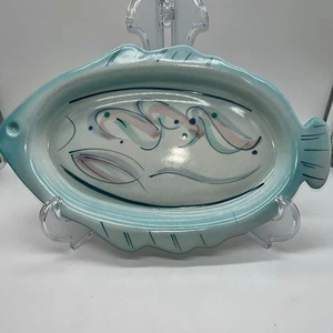 Torch Studio Art Pottery Fish Plate Dish Turquoise Blue Pink Oval Stoneware - Picture 1 of 6