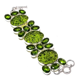 Moldavite Quartz, Peridot Gemstone 925 Sterling Silver Bracelet 7-8" U276 - Picture 1 of 4