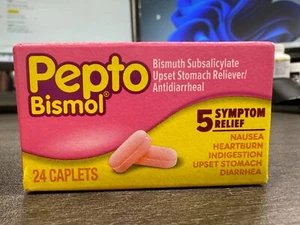 Pepto Bismol Upset Stomach Reliever Antidiarrheal 5 Symptom Relief Caplets 24 Ct - Picture 1 of 5