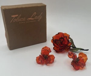 Vintage Vendome rote Zellulose Actetat Blume Pin und Clip Ohrringe funkelnd in der Mitte - Bild 1 von 15