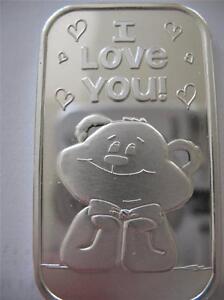 1-OZ SILVER.999 ART BAR TO CUTE TEDDY BEAR I LOVE YOU VALENTINES DAY  GIFT+GOLD