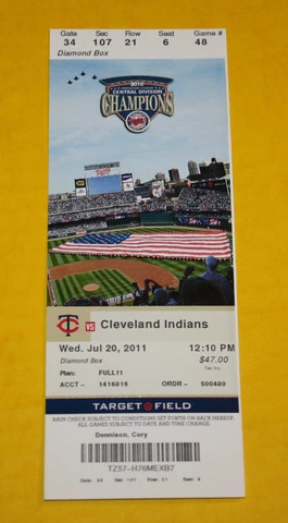 Minnesota Twins Ticket Stub | July 20 2011 | Lonnie Chisenhall HR Joe Nathan SV Cover