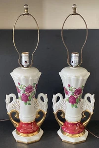 Swan Table Lamps Floral Handled Porcelain And Enamel 24 Inches Tall Matching Set - Picture 1 of 10