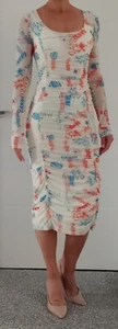 Ganni Maxi Dress Bodycon Ruched Print Mesh Off White Size 36 / 8 - Picture 1 of 7