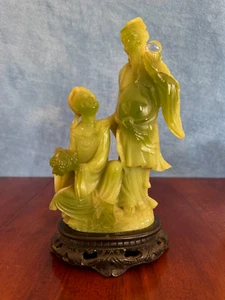 Vintage 10" x 6" Jade Green Resin -Carved Sculpture Figure Asian Man and Woman - Picture 1 of 12