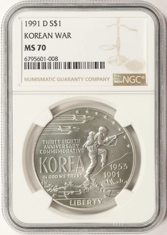 1991-D Korean War $1 Commemorative Silver Dollar NGC MS70 Cover