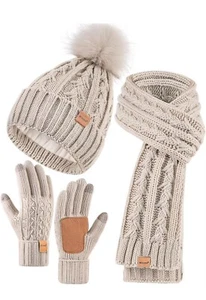 Womens Beanie Hat Scarf Gloves Set, Fleece Lined Winter Hat with Pom Pom, Long … - Picture 1 of 7