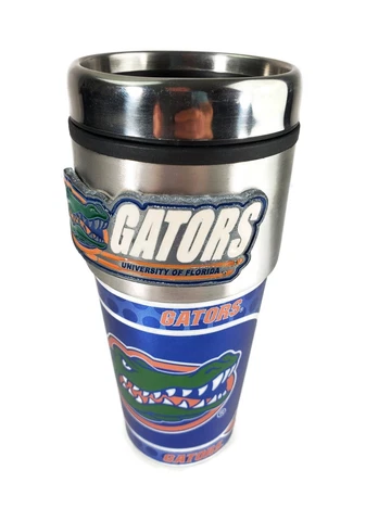FLORIDA GATORS 16 OZ STAINLESS STEEL COFFEE TRAVEL MUG WITH METAL EMBLEM Cover