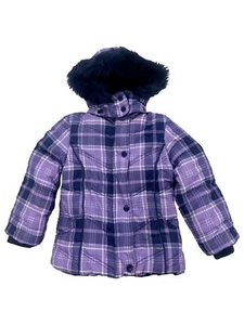 Girls Purple Navy Blue Plaid Hooded Winter Ski Coat Jacket Zip-Up Hood XS (4/5) - Picture 1 of 2
