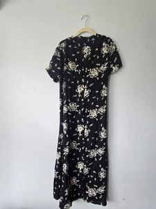 Vintage Sanghita Black Floral Maxi Dress  XL Front Buttons - Picture 1 of 8