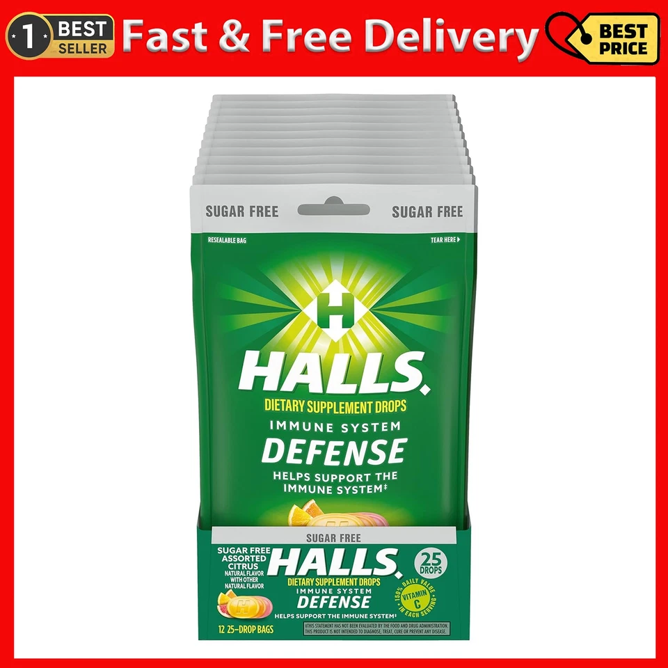 HALLS Defense Assorted Citrus Sugar Vitamin C Drops Dietary Supplement Dro