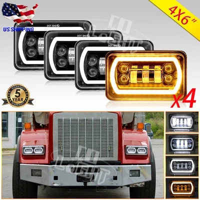 4x 4x6" LED Headlights Hi/Lo w/Halo DRL For Kenworth Freightliner FLD120 FLD112 - Image 1 of 4