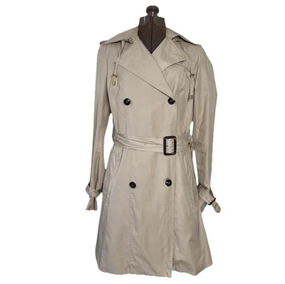 Gabardina Cole Haan beige mediana con capucha cinturón doble pecho hebilla desgaste Foto 1 de 4