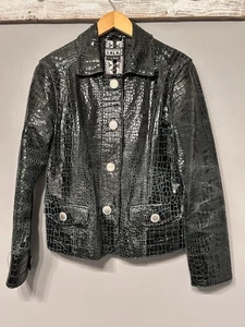 Chaqueta vintage BEAER² 100 % cuero de cordero L cocodrilo en relieve charol verde brillante - Imagen 1 de 11
