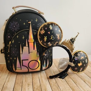 2023 DISNEY PARKS GRAND FINALE 50TH BLACK GOLD CASTLE LOUNGEFLY BACKPACK AND EAR - Picture 1 of 10