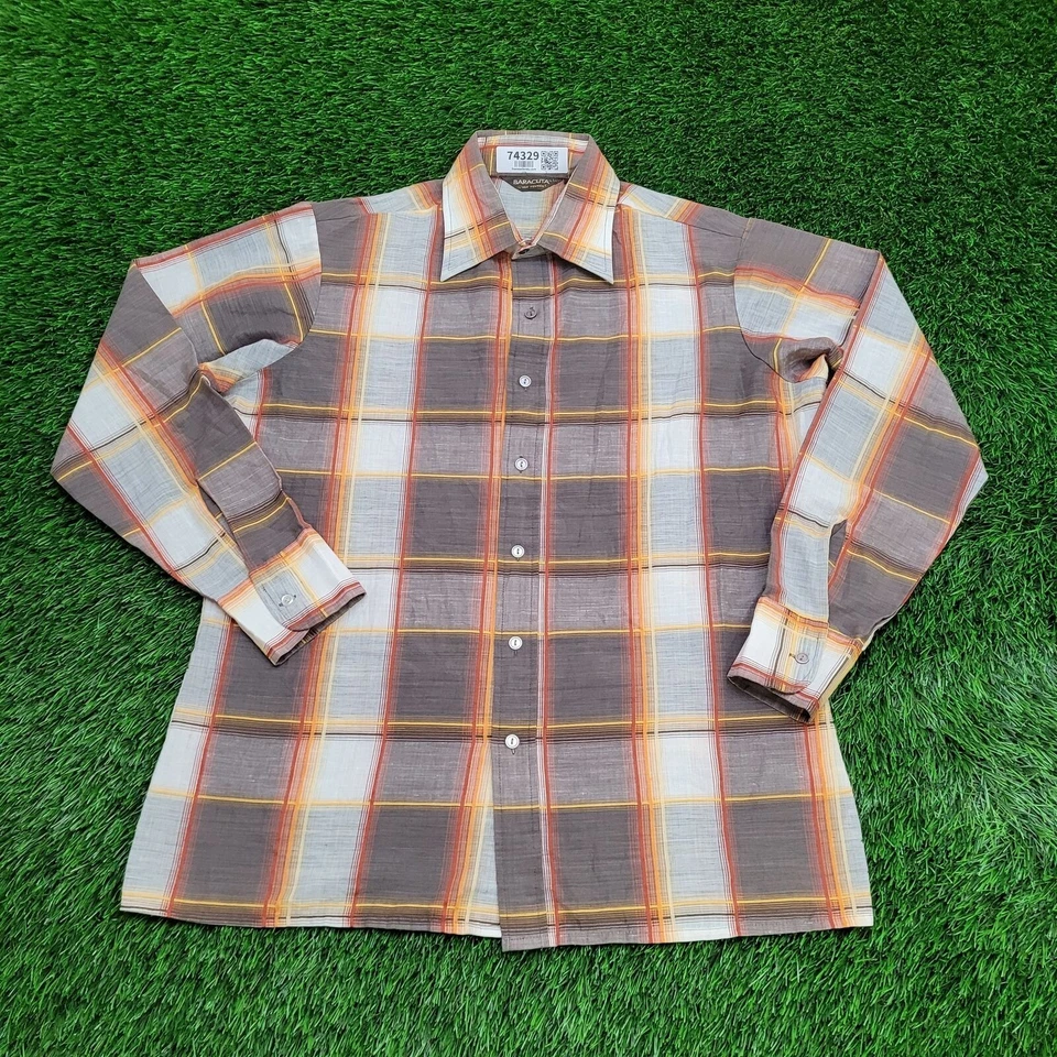 Vintage 80s Baracuta Plaid Button Shirt Large 23x28 Brown - Image 1 of 4