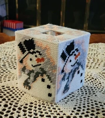 Made to Order.   Old Time Snowman Plastic Canvas Tissue Box Cover.  - Image 1 of 3