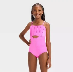 Girls' 'Mermaid Dazzle' Solid One Piece Swimsuit - Cat & Jack PinkM (8) - Picture 1 of 2