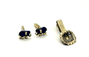 Silver-Plated Blue Elephant Cufflinks w/ Antique Art Nouveau Tie Clip - Picture 1 of 4
