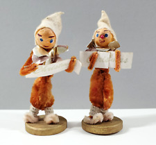 2 Vintage Japan Putz Spun Cotton Face Chenille Choir Elf Gnome Christmas Figures