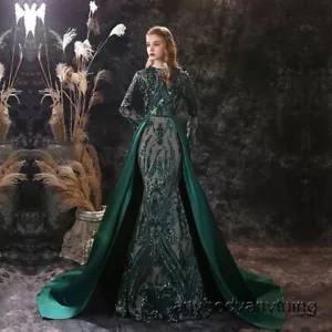 Evening Prom Dress Women Sequins Long Sleeve Fishtail Dress Bridal Wedding Gown - Picture 1 of 26