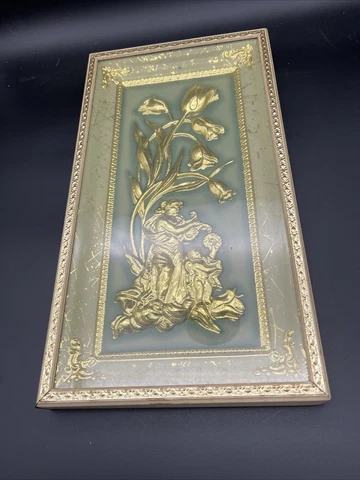 Vintage MCM Mid Century 3D Relief Framed Wall Art Four Seasons Pink and Gold Cover