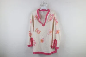 Lucy & Laurel Womens 1X Linen Rayon Blend Abstract Flower Kimono Lagenlook Shirt - Picture 1 of 13