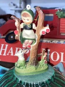 VINTAGE HARD PLASTIC ORNAMENT GIRL IN A TREE w/DOG SHOE IN HIS MOUTH HONG KONG - Picture 1 of 8