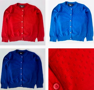 Girls Next School Cardigan Navy Blue Red Pointelle Knit Button Cotton Rich NEW - Picture 1 of 3