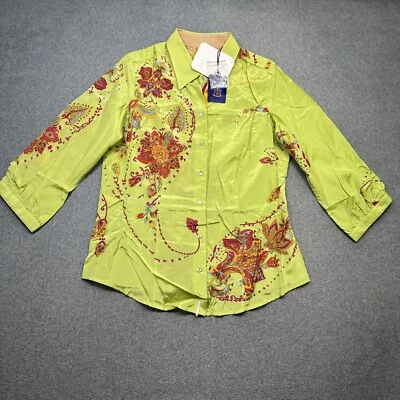 Top de mujer Robert Graham Huxley grande verde rosa floral mezcla de seda con botones Foto 1 de 4