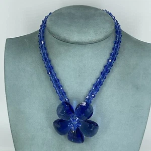 glass crystal flower necklace blue chunky multi strand B&W? no tag 18'' - Picture 1 of 9