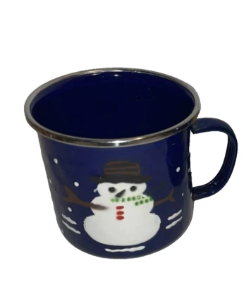 Golden Rabbit II Snowman Denise S. Harvey Design Blue Enamelware Mug NWT - Image 1 of 4