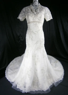 Vestido de novia Allure C150 10 romántico blanco encaje tren brillante Foto 1 de 4