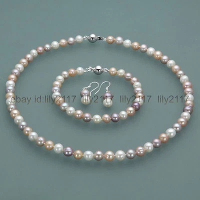 7-8mm Real Natural Multi-Color Freshwater Pearl Necklace Bracelet Earrings Set - Image 1 of 4