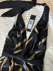 Halston Heritage Metallic Combo Black Gold handkerchief skirt gown Size 0 - Picture 1 of 3