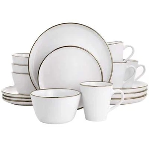 Elama Arthur 16 pc Stoneware Dinnerware Set in Matte White w Gold Rim - Picture 1 of 1