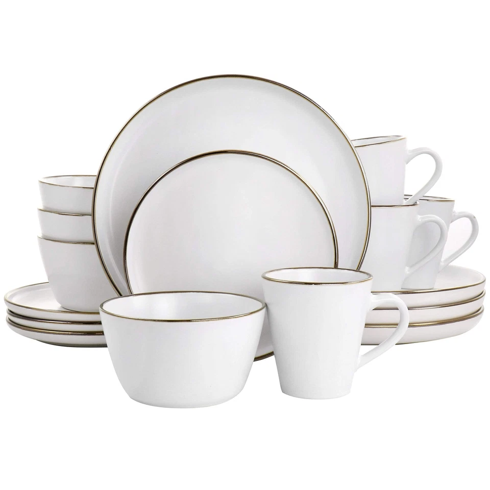 Elama Arthur 16 pc Stoneware Dinnerware Set in Matte White w Gold Rim - Image 1 of 1
