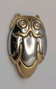 Vintage Liz Claiborne Rhinestones eyes Owl Brooch Silver And Gold tone - Picture 1 of 8