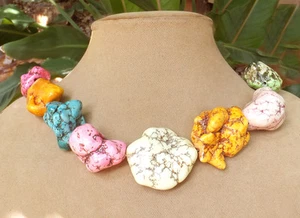Rainbow Turquoise Howlit Nugget Statement Necklace Orange Pink White Blue Yellow - Picture 1 of 2
