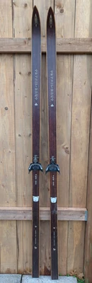 Great Old Wooden Snow Skis Vintage Measure 76 inch Long Brown Finish - Image 1 of 4