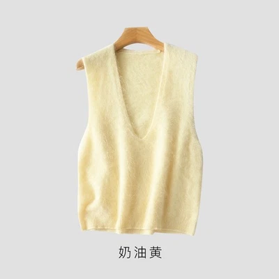 Colete feminino lã cashmere gola V profundo sem mangas regata malha suéter pulôver - Imagem 1 de 4
