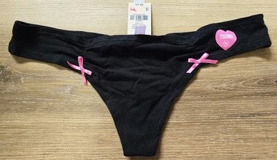 NUEVO CON ETIQUETAS De Colección Victoria's Secret ROSA Negro Algodón Tanga Bajo Bragas Rosa Lazos S Foto 1 de 3