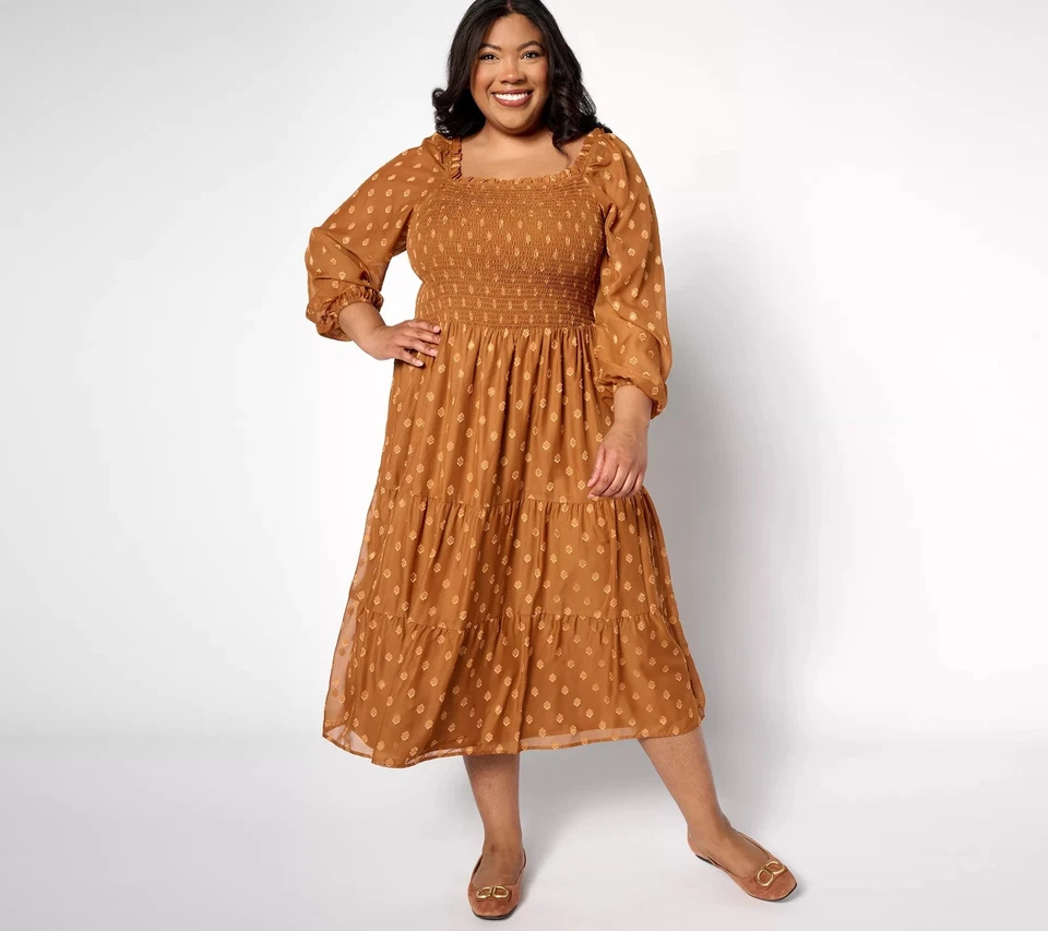 Denim & Co. Canyon Retreat Smocked Jacquard Midi Dress Mocha L New - Image 1 of 1