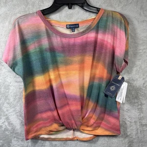 Democracy Womens Top S Short Sleeve Scoop Neck Ombre Print Twist Front Hem Knit - Picture 1 of 8