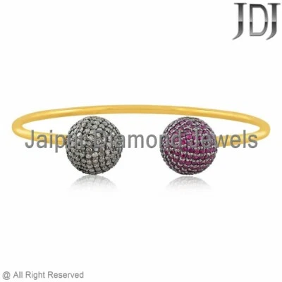 925 Silver Gold Plated Natural Pave Diamond Pink Ruby Gemstone Bangle Jewelry - Image 1 of 4