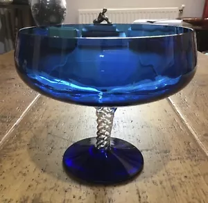Beautiful Blue Glass Bowl with a Clear Glass Twisted Stem & Blue Glass Base - Picture 1 of 8