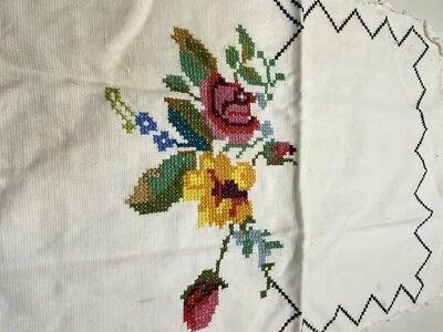 Vintage Handmade Chair Needlepoint garden flowers yellow pink and small blue MCM - Image 1 of 4