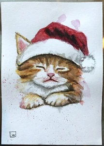 Original Watercolor Painting Christmas Kitten Cat 5" x 7" by Lawn Walker - Picture 1 of 1